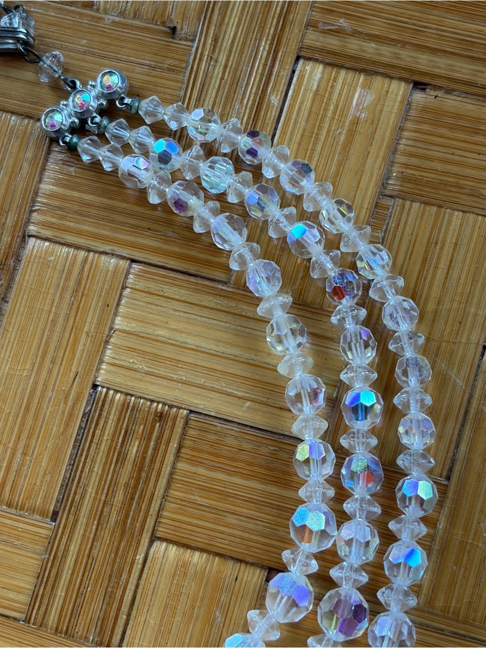 Vintage AB Crystal Necklace Bracelet Set Triple Strand Faceted Beads Bridal - Picture 3 of 10